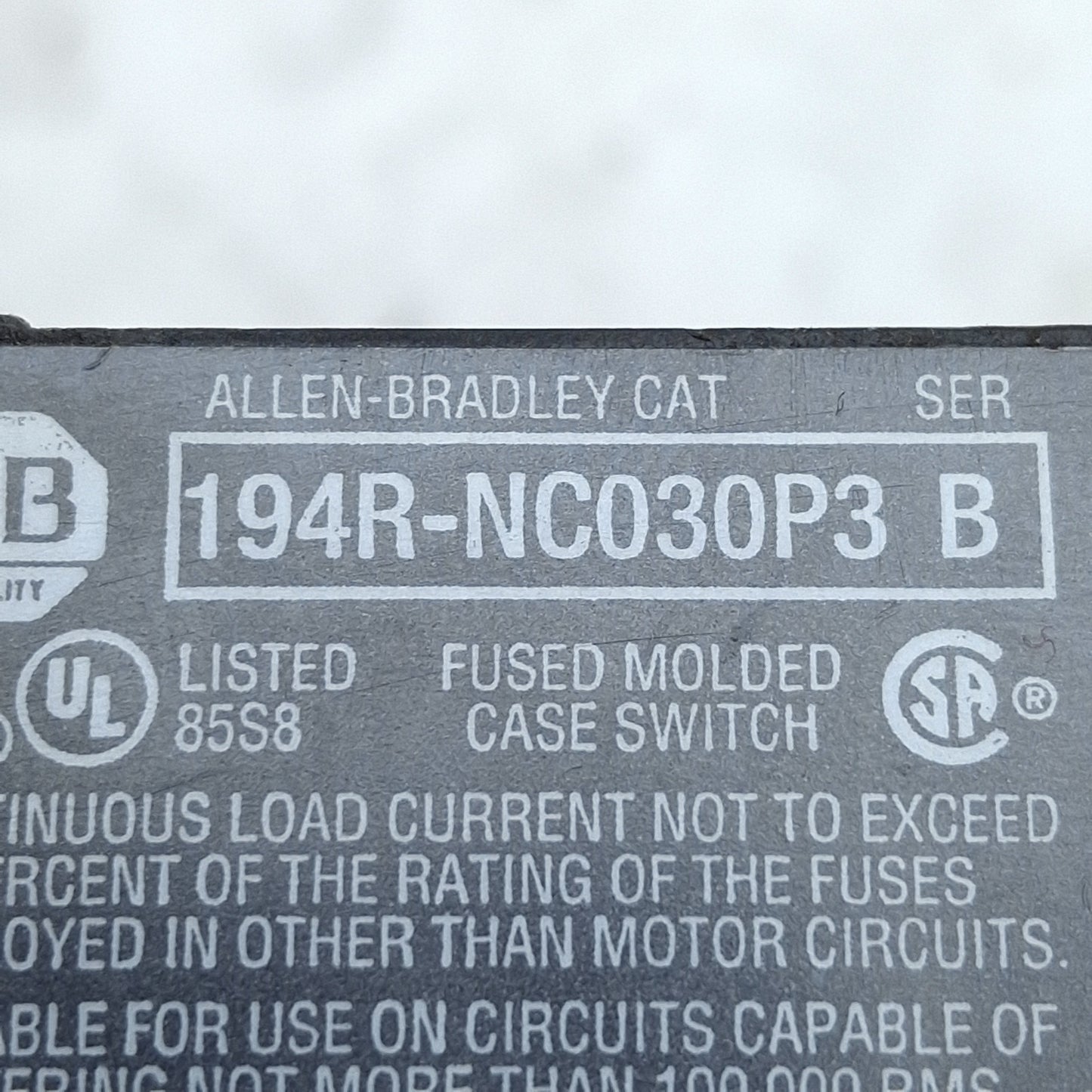 Used Allen Bradley 194R-NC030P3 Ser B Disconnect Switch, 3-Pole, 30A, 250VDC 600VAC