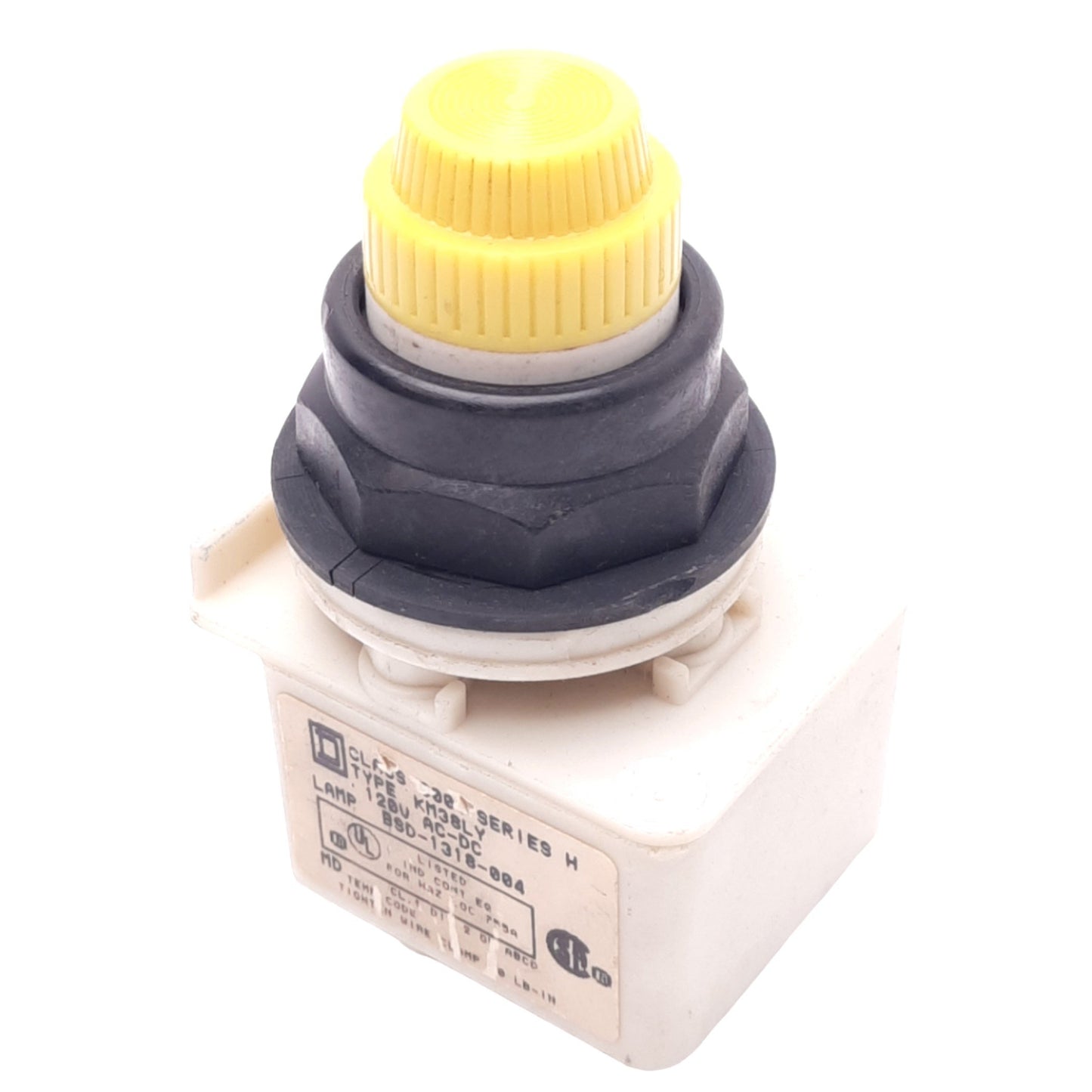 Used Square D 9001KM38LY Yellow Illuminated Pushbutton, 30mm, 120VAC/DC, 600V 10A Max