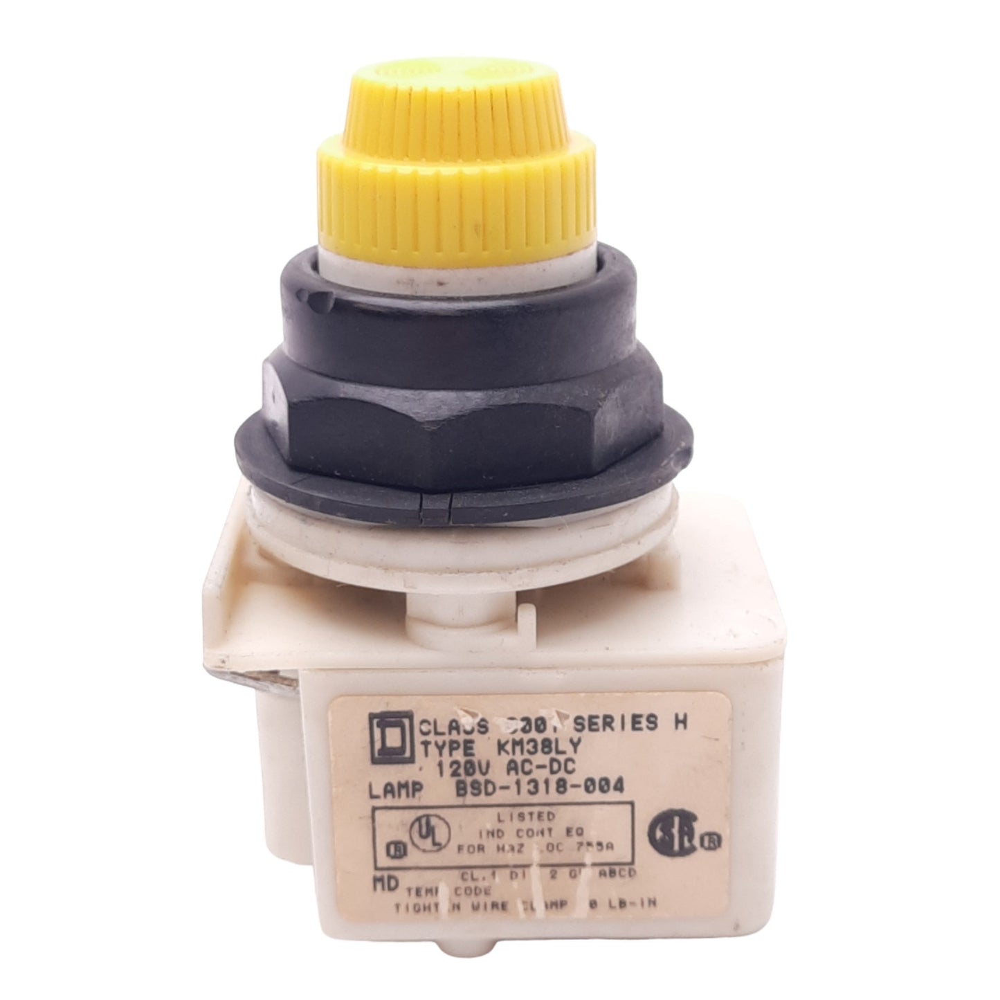 Used Square D 9001KM38LY Yellow Illuminated Pushbutton, 30mm, 120VAC/DC, 600V 10A Max