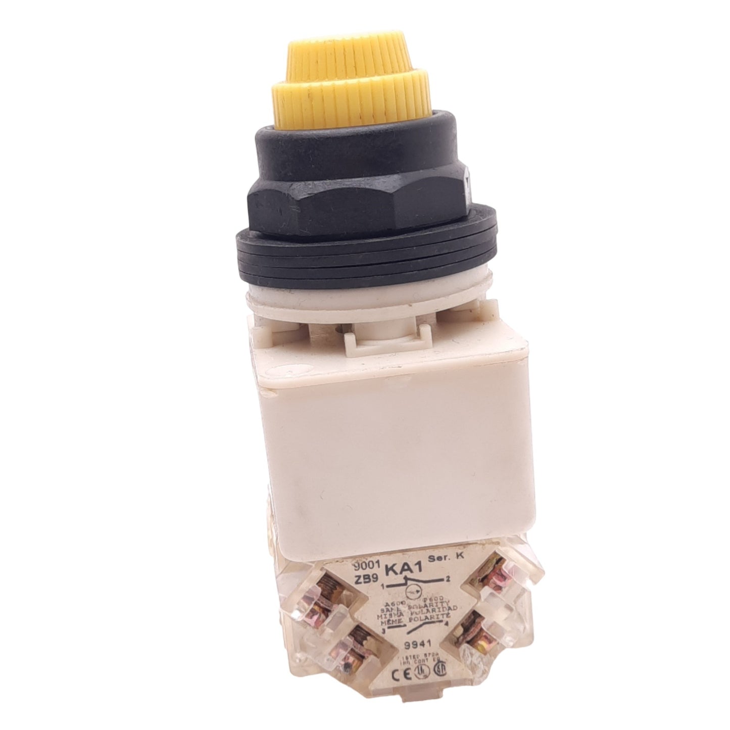 Used Square D 9001KM38LY Yellow Illuminated Pushbutton, ø30mm, 2NC 2NO, 600V 10A Max