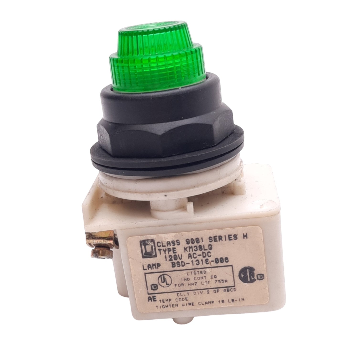 Used Square D 9001KM38LG Green Illuminated Push Button Switch, ø30mm, 120VAC/DC