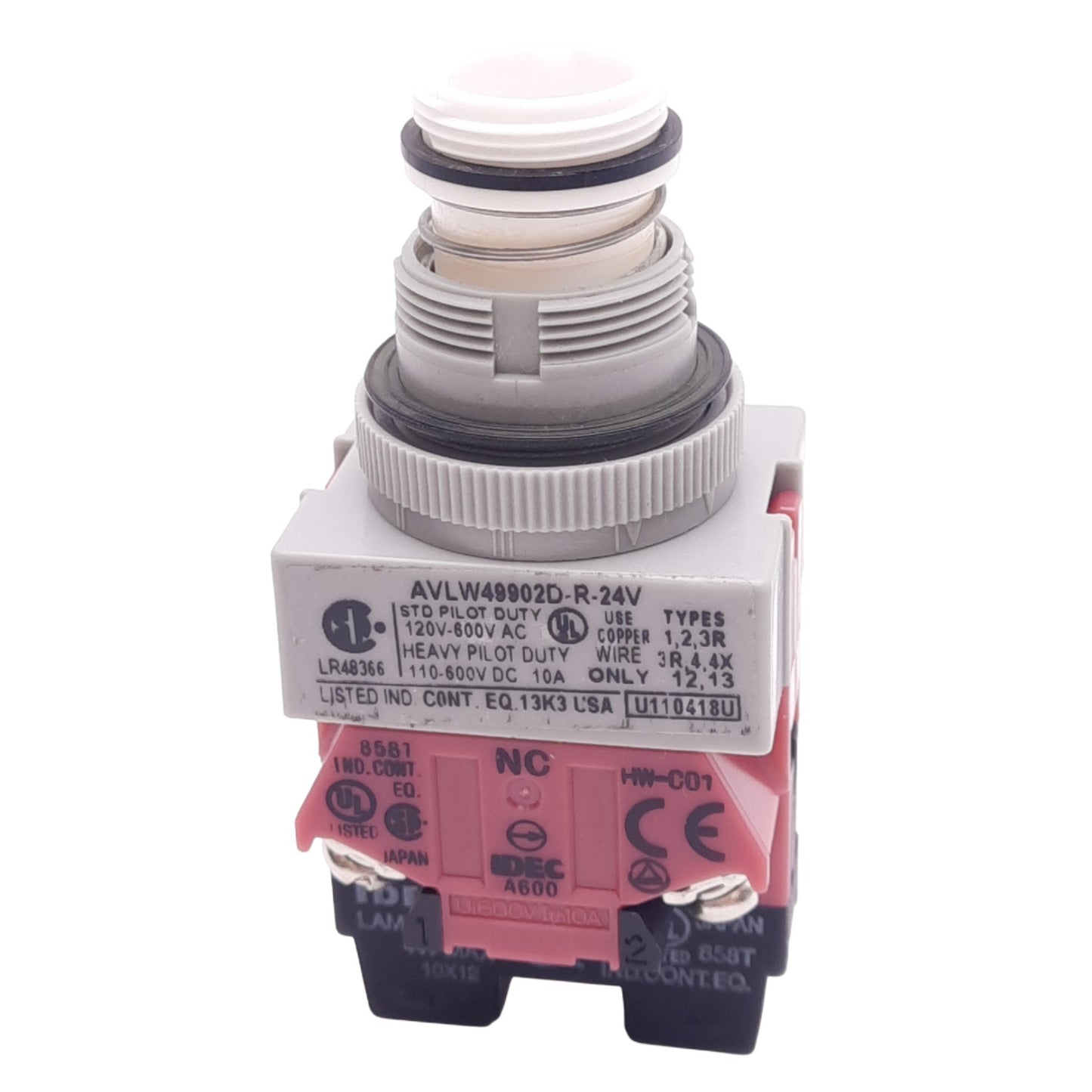 Used IDEC AVLW49902D-R-24V Push/Twist E-Stop, 22mm, 2NC, 24V Red LED, *No Lens/Button