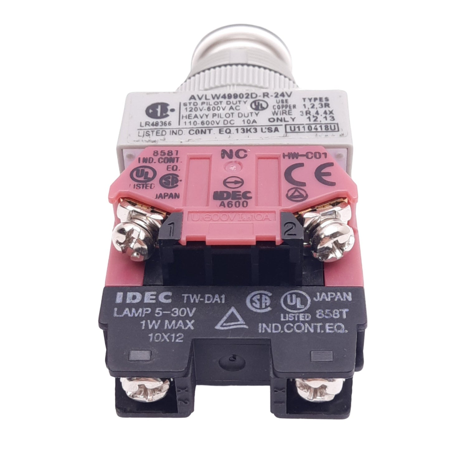 Used IDEC AVLW49902D-R-24V Push/Twist E-Stop, 22mm, 2NC, 24V Red LED, *No Lens/Button