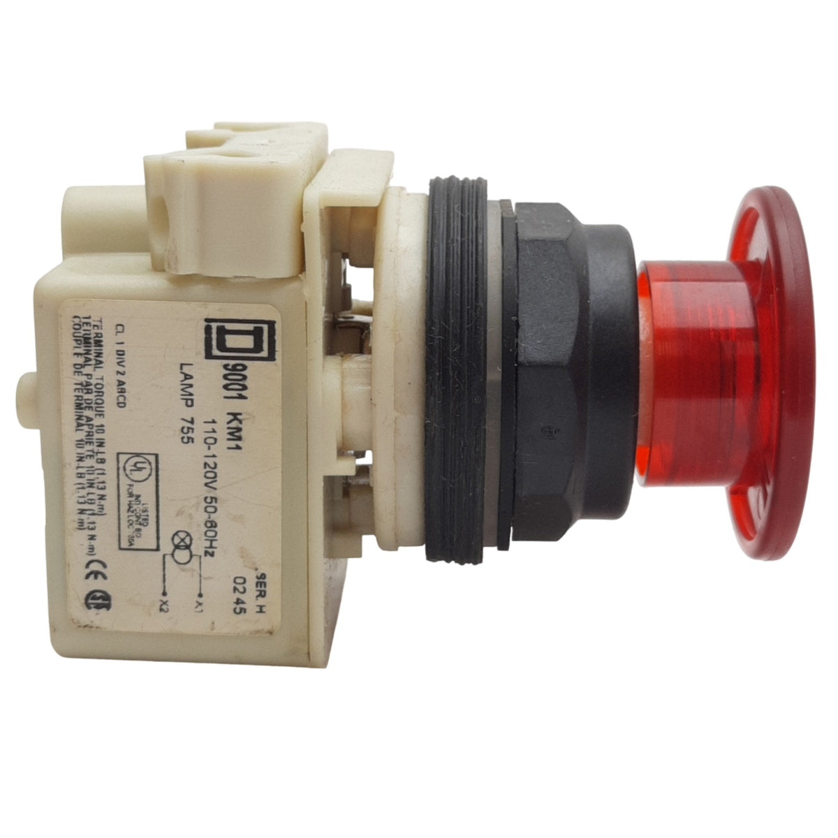 Used Square D 9001KM1 Red Illuminated Push/Pull Button ø30mm, 110-120VAC Lamp
