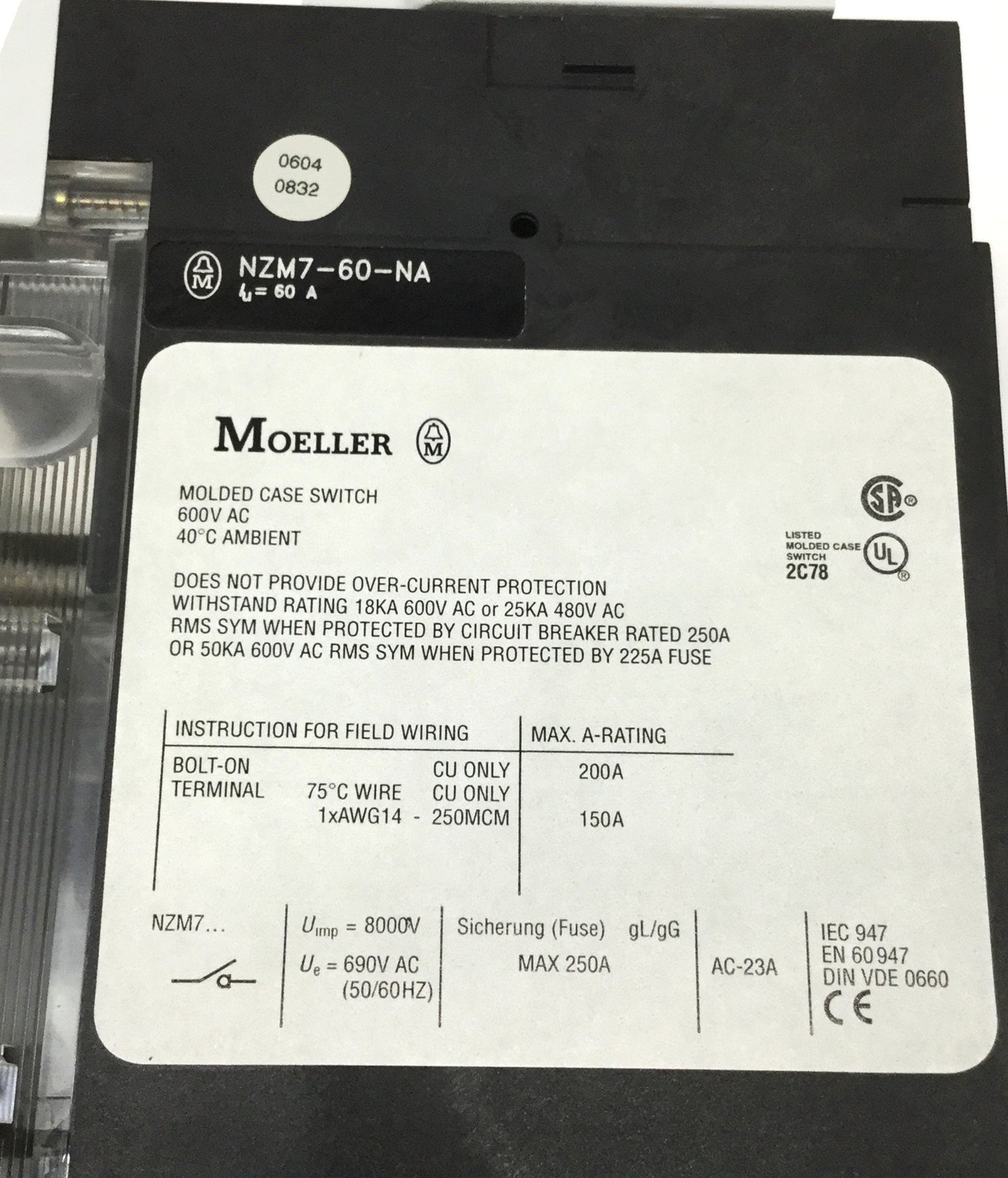Used Moeller NZM7-60-NA Disconnect Switch, 3-Pole, 600VAC, 60A w/Rotary Module