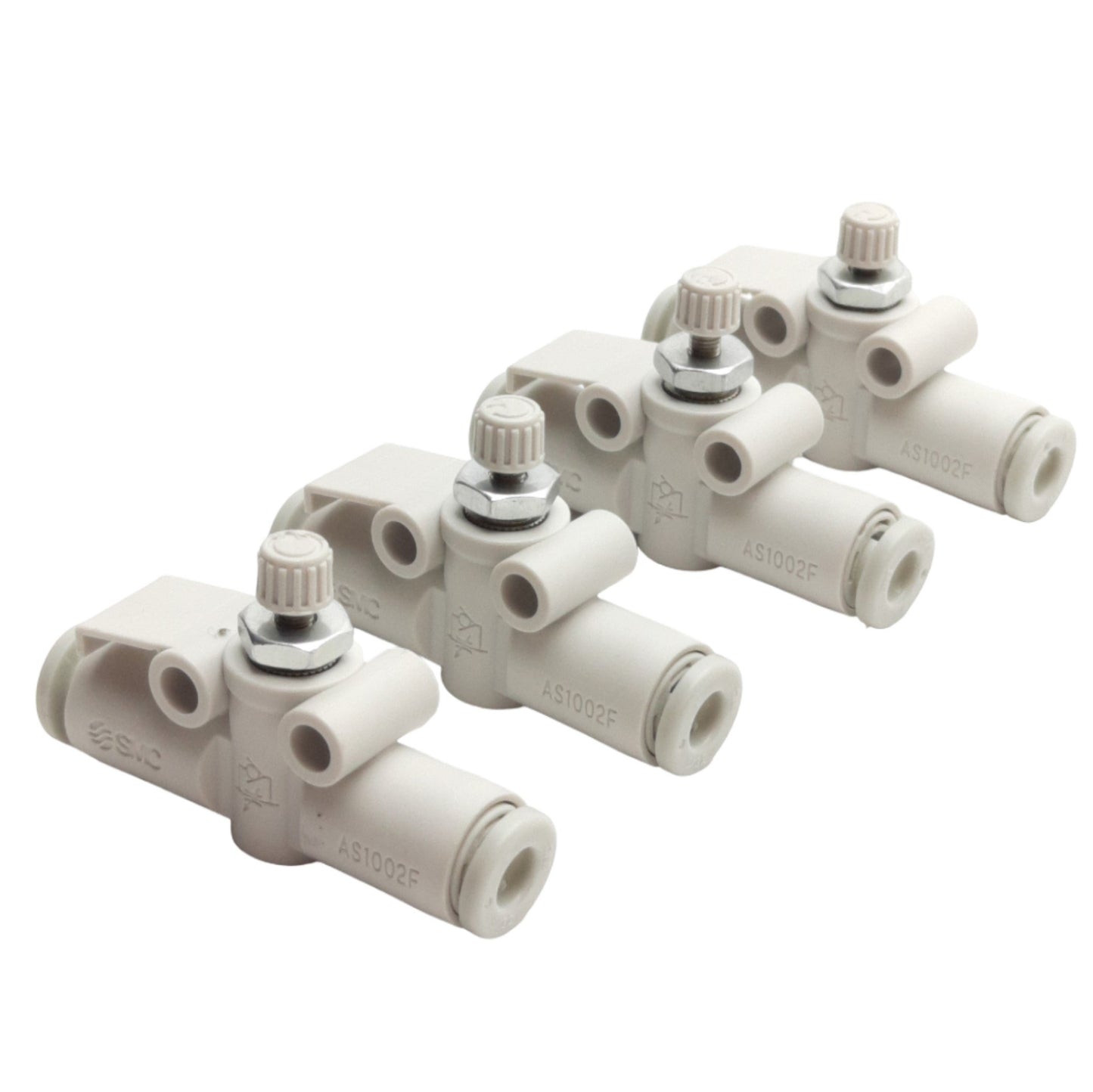 New Lot of 4 SMC AS1002F-04 Inline Speed Control Fitting, 4mm OD Tube, 145psi Max