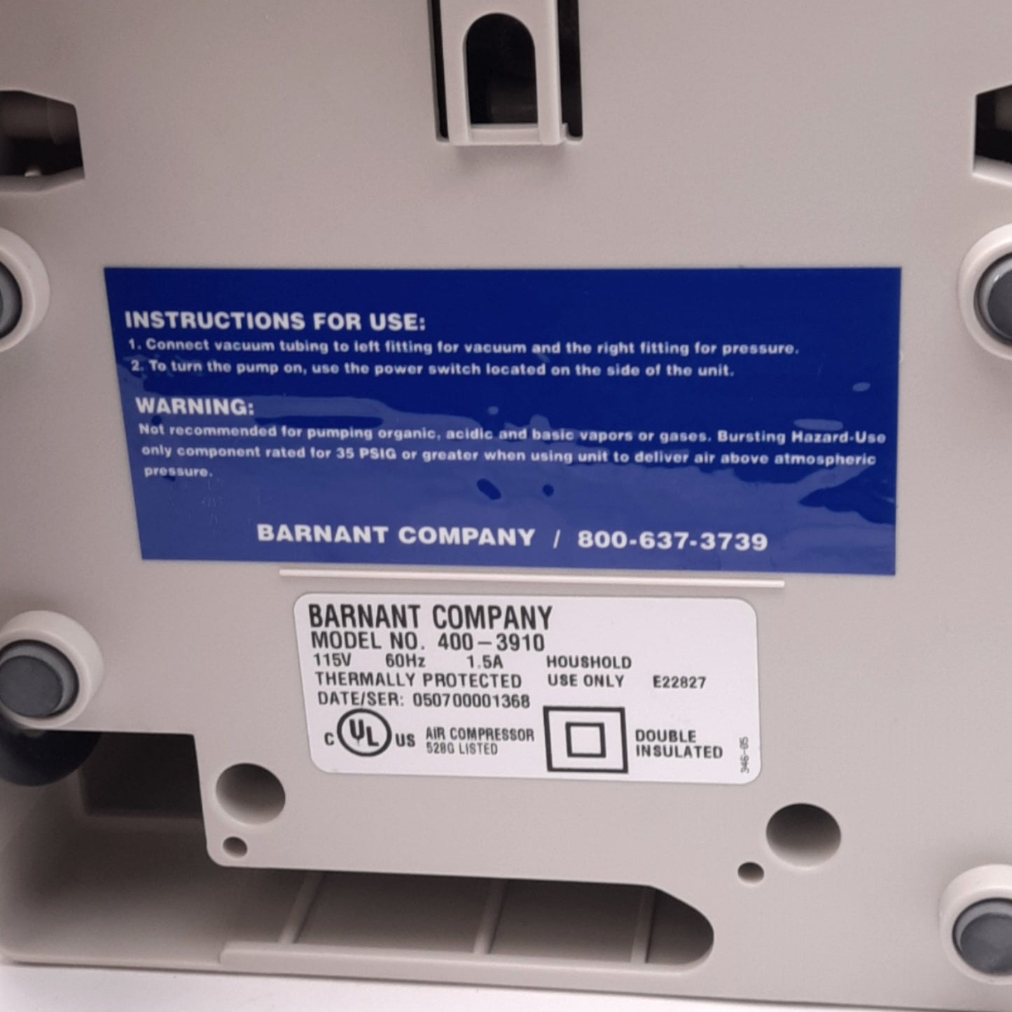 Used Barnant 400-3910 Vacuum Pressure Station, Vacuum to 21.3"Hg, 35psi Max, 115VAC