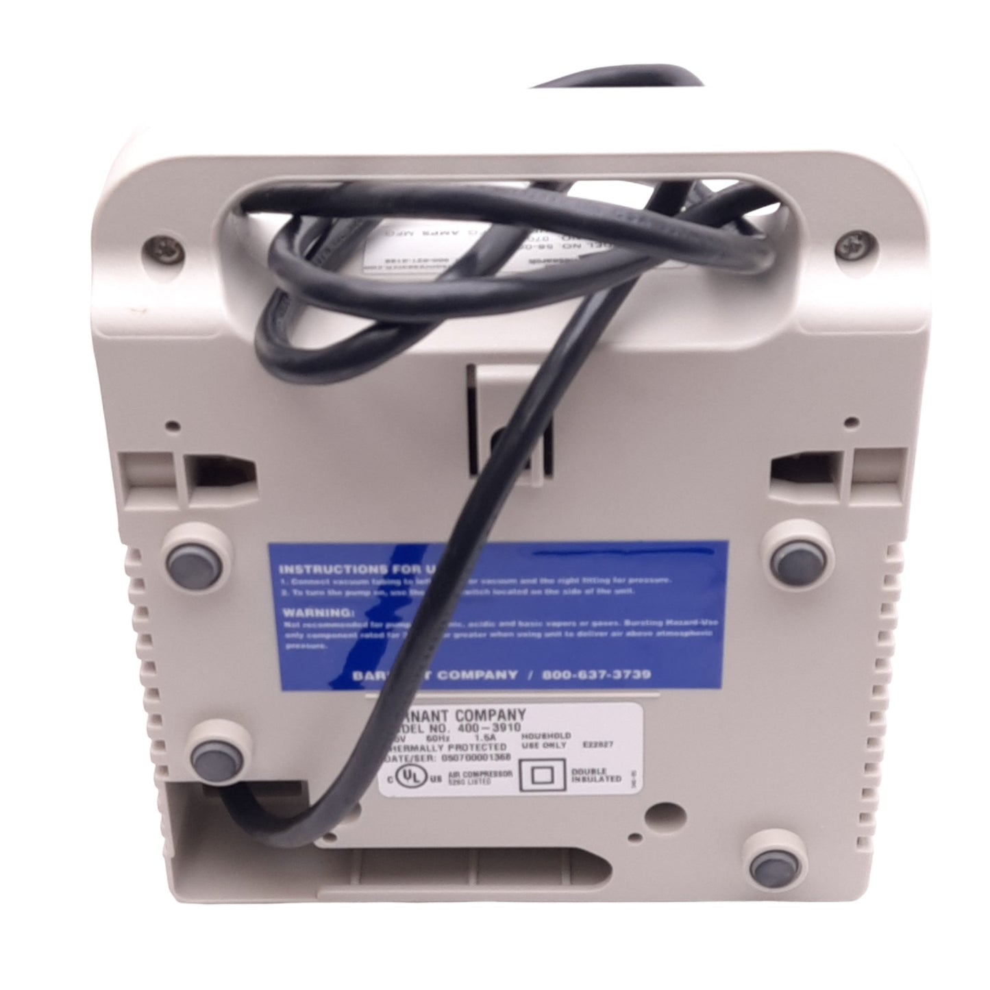 Used Barnant 400-3910 Vacuum Pressure Station, Vacuum to 21.3"Hg, 35psi Max, 115VAC