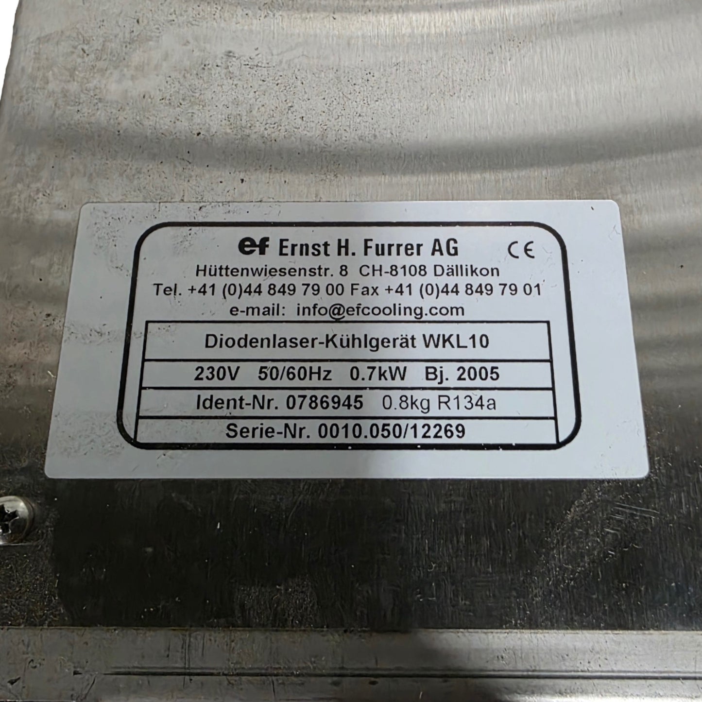 Used Ernst H Furrer 0786945 WKL10 Diode Laser Water Chiller 230VAC 50/60Hz 0.7kW