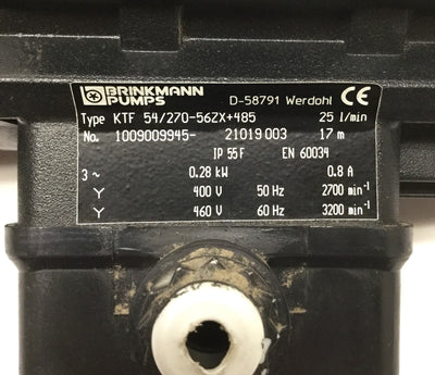 Used Brinkmann KTF 54/270-56ZX+485 Immersion Pump 25LPM, 17m Head, 400/460VAC 3PH