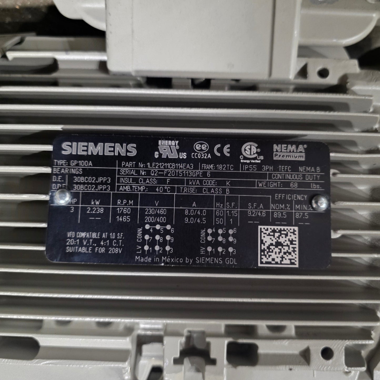 Used Siemens 1LE21211CB114EA3 3-Phase AC Motor 3-HP, 1760RPM, 182TC, 230/460VAC