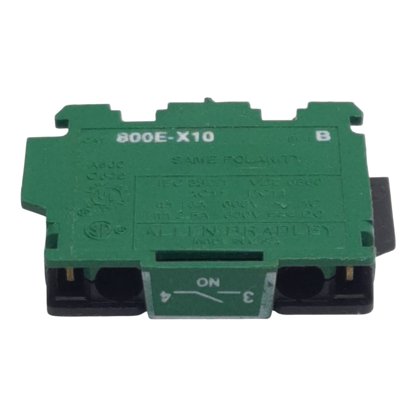 Used Allen Bradley 800E-X10 Pushbutton Contact Block, 1N.O., 600VAC/DC 10/2.5A, 22mm