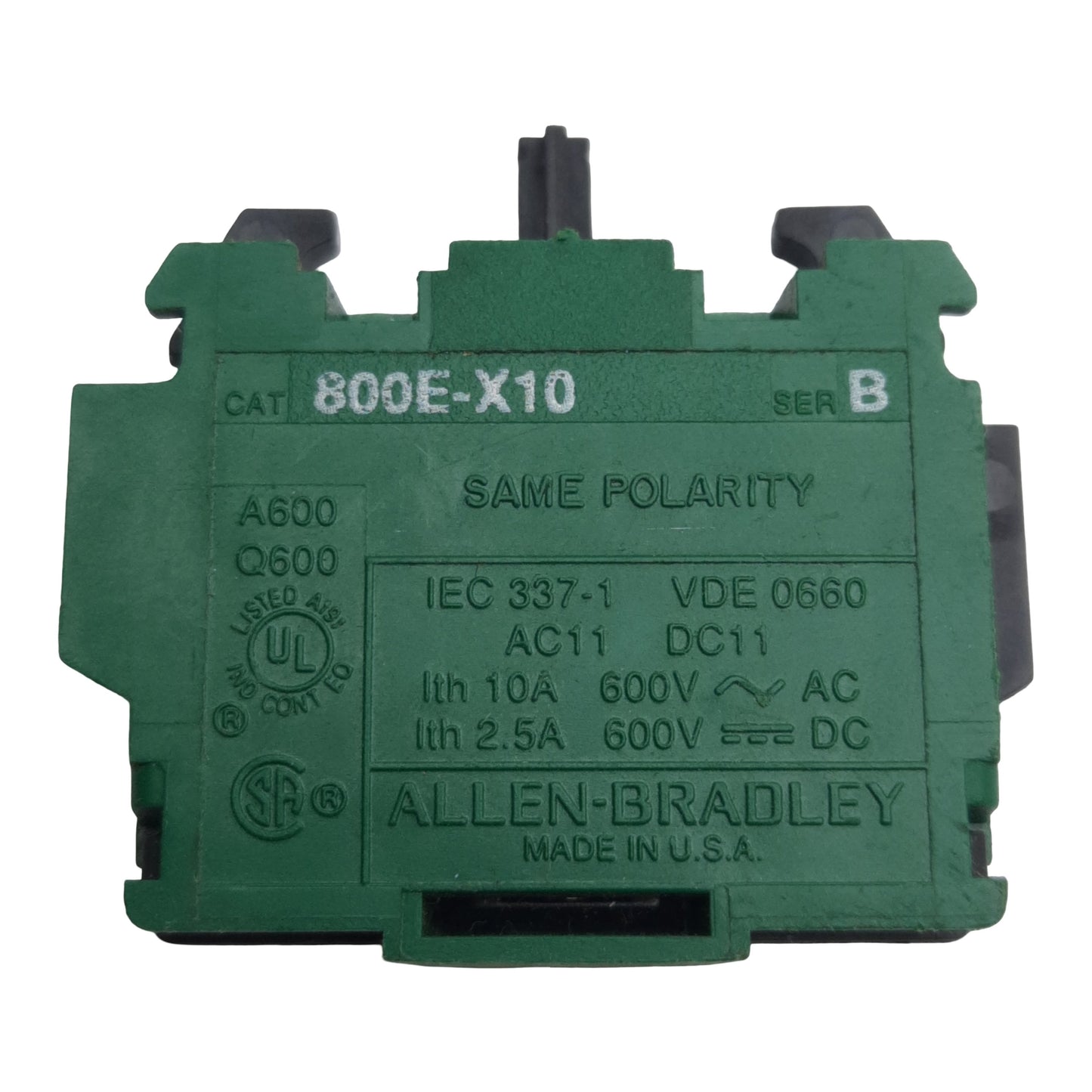 Used Allen Bradley 800E-X10 Pushbutton Contact Block, 1N.O., 600VAC/DC 10/2.5A, 22mm