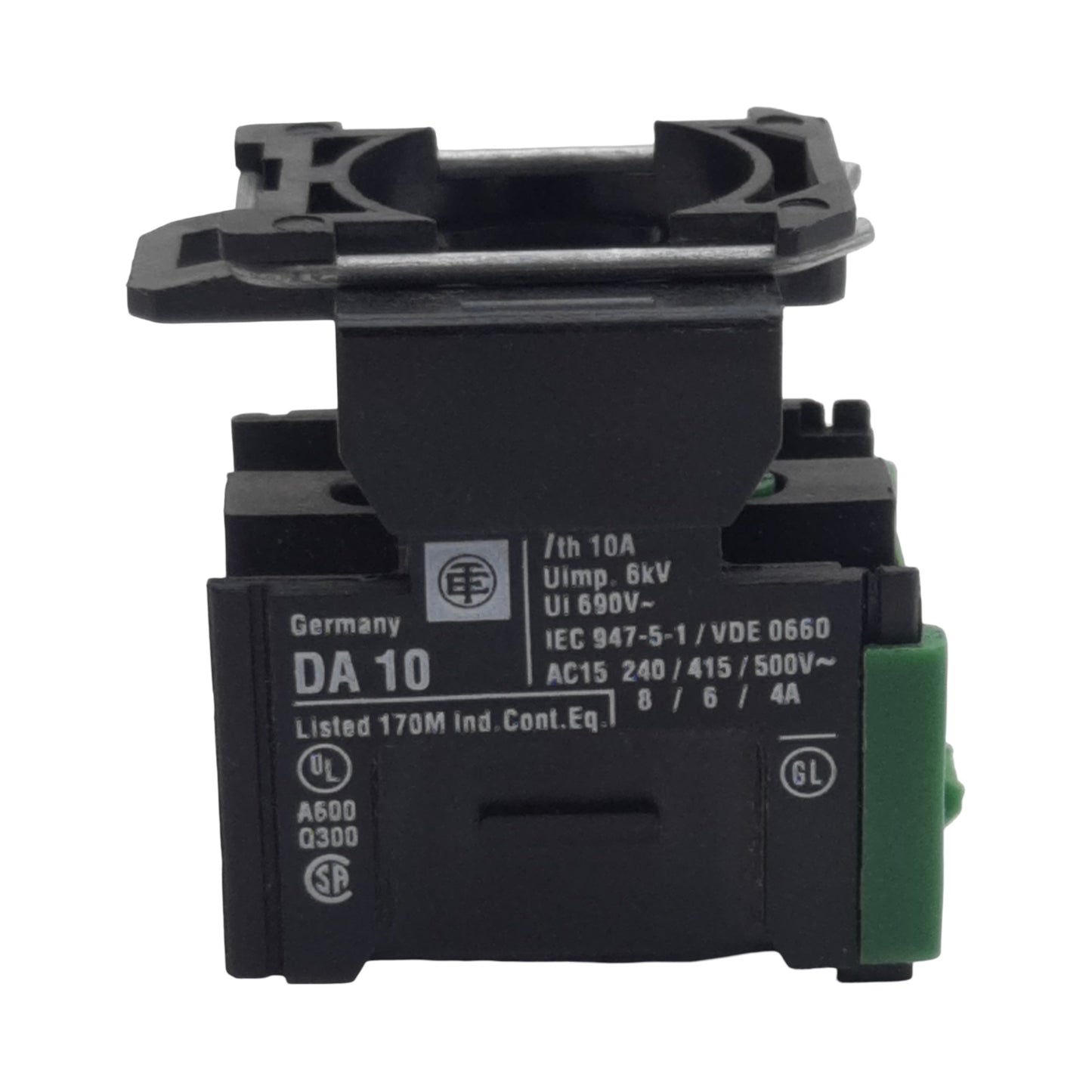 Used Telemecanique DA10 Pushbutton Contact Block, 1N.O. 1N.C., 10A 600VAC, 22mm