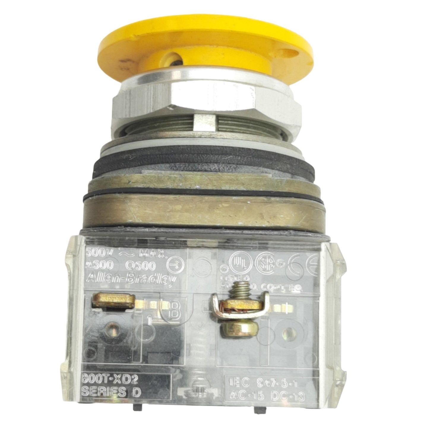 Used Allen Bradley 800T-D9D2 Yellow Mushroom Head Push Button ø30mm, 1NC, 600V, 10A