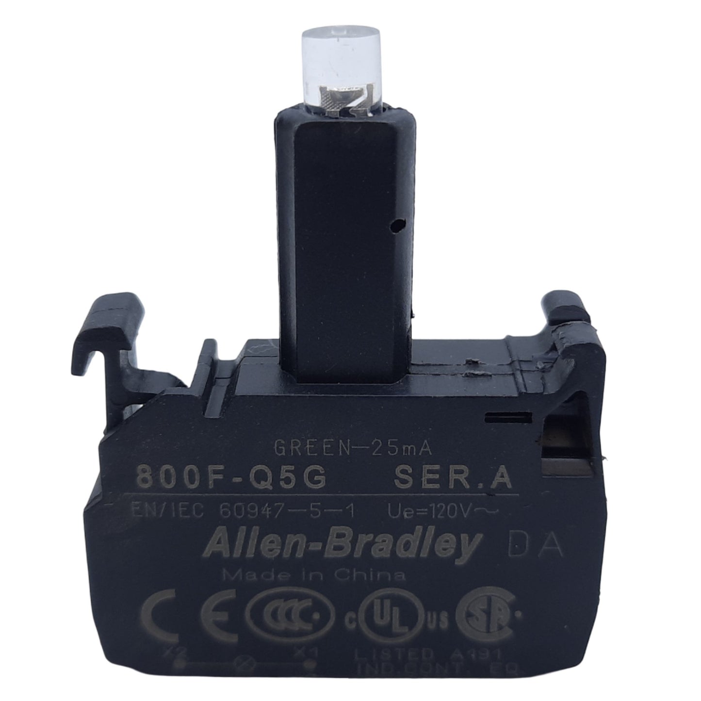 Used Allen Bradley 800F-Q5G Push Button LED Module, 22mm, Green 25mA, 120VAC