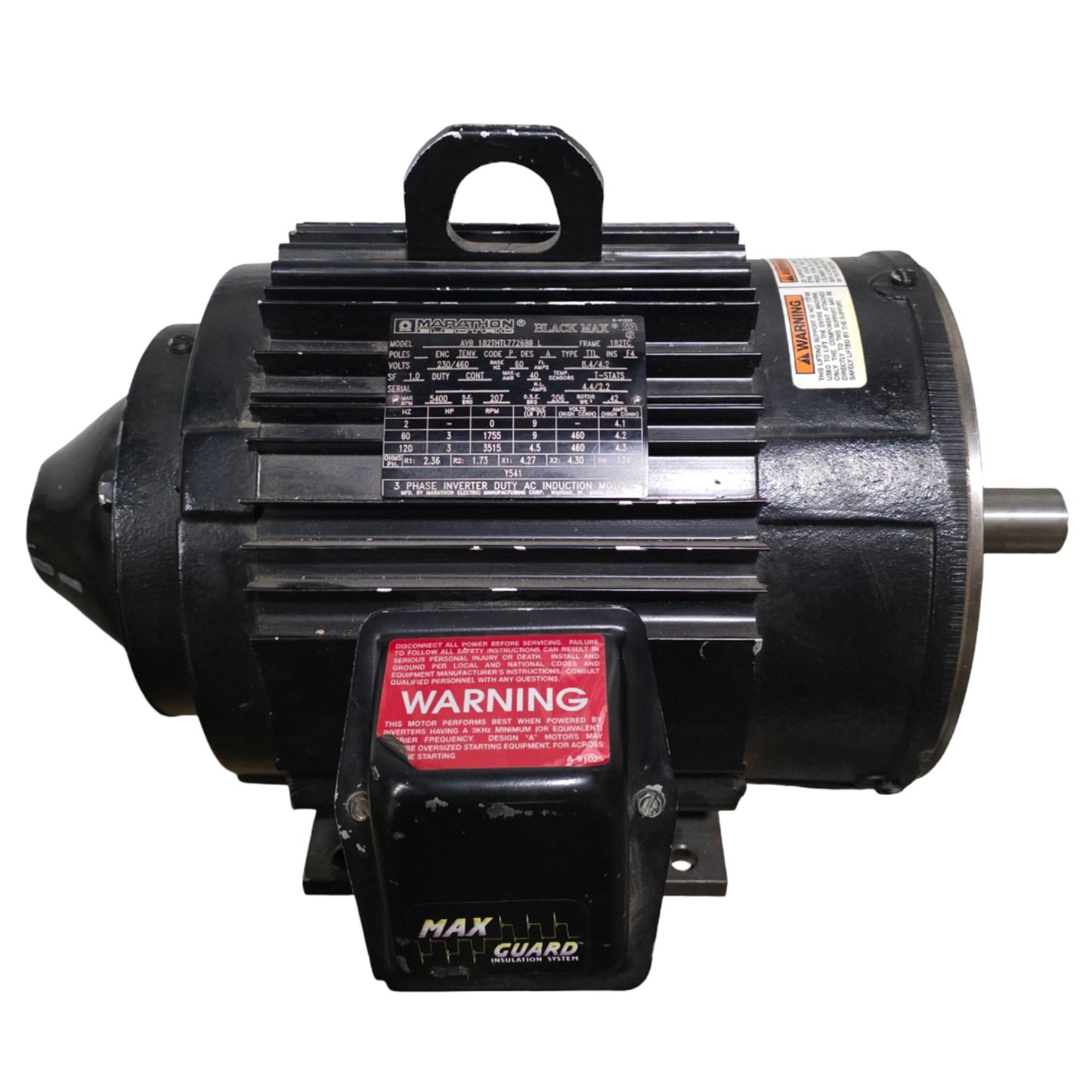 Used Marathon AVB 182THL7726BB Blackmax AC Motor 3HP, 182TC, 1755RPM, 230/460VAC 3-Ph