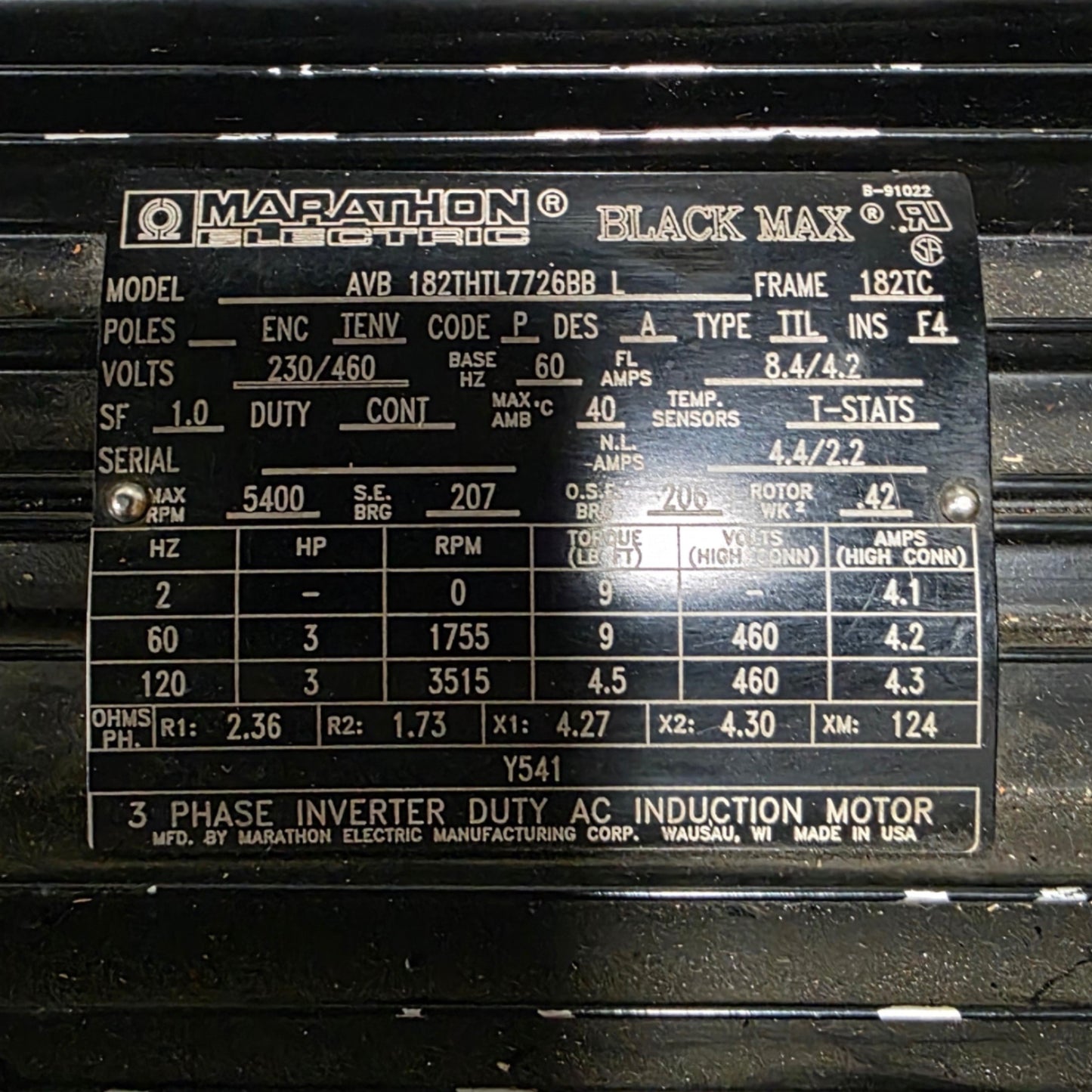 Used Marathon AVB 182THL7726BB Blackmax AC Motor 3HP, 182TC, 1755RPM, 230/460VAC 3-Ph