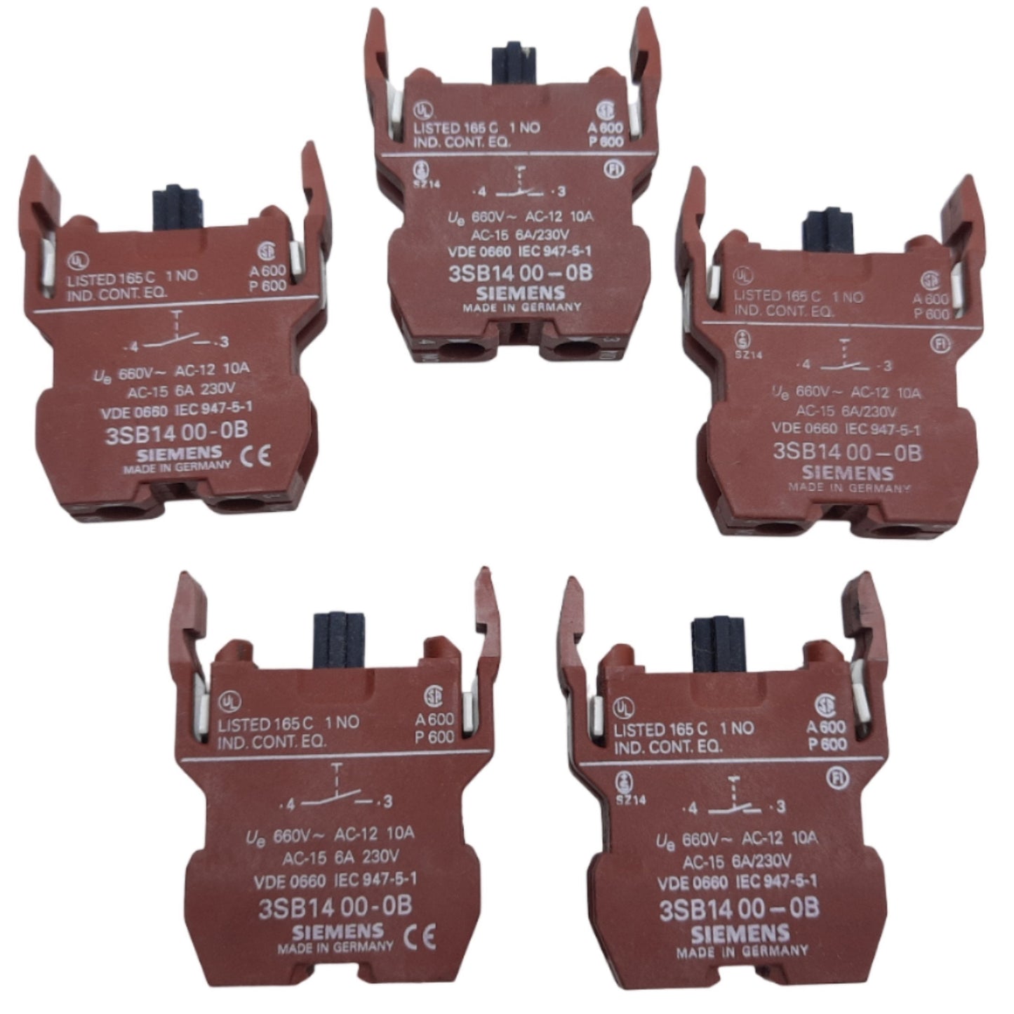Used Lot of 5 Siemens 3SB14 00-0B Contact Block, 22-30mm, 1 N.O, 6A 230V AC