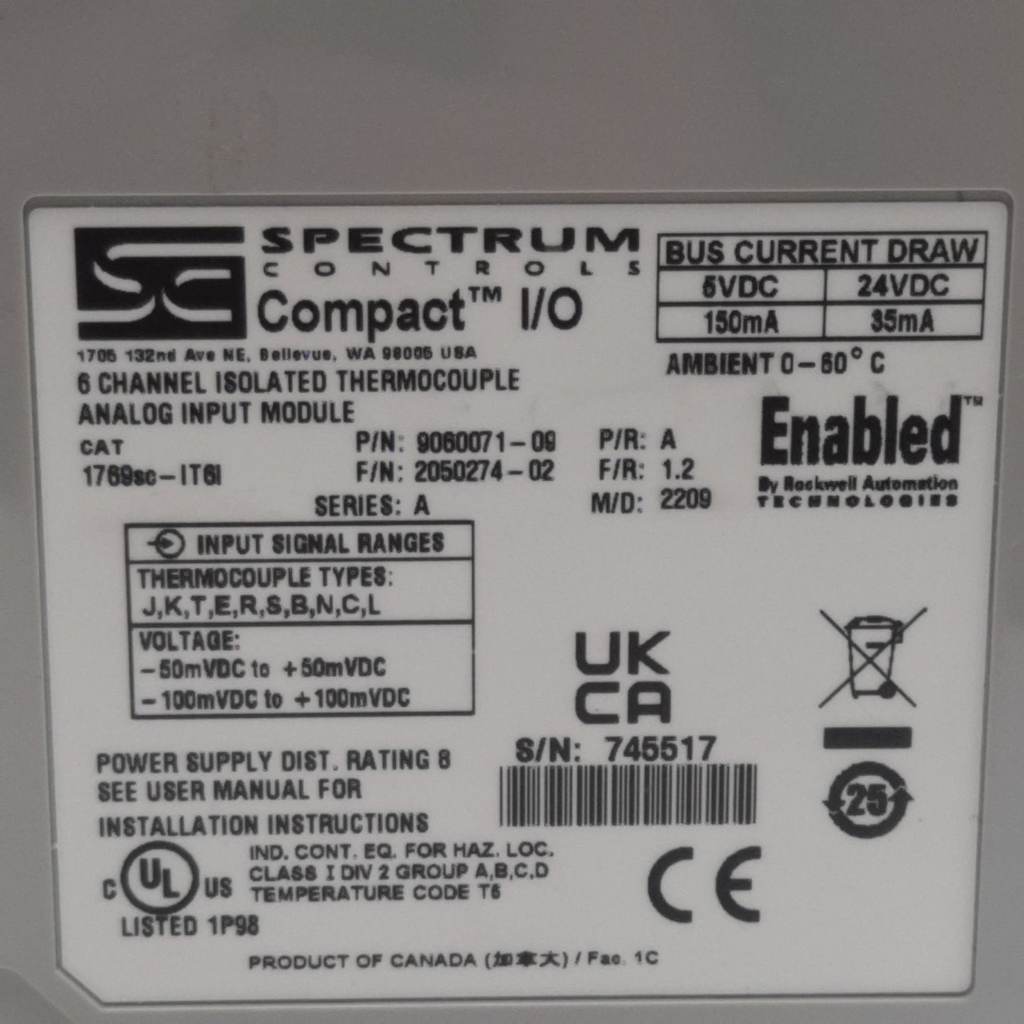 Used Spectrum 1769SC-IT6I Isolated Thermocouple Input Module, 6 Channel, 16bits