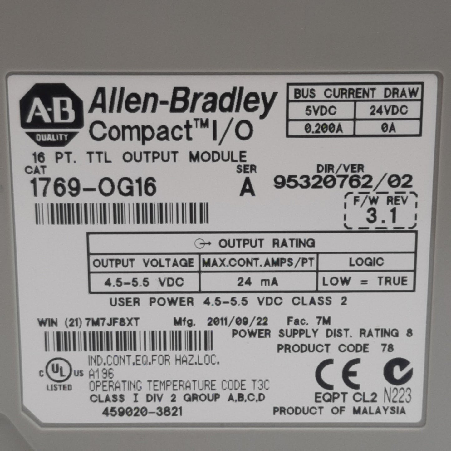 Used Allen Bradley 1769-OG16 Compact Output Module TTL, 16 Channel, 4.5-5.5VDC Out