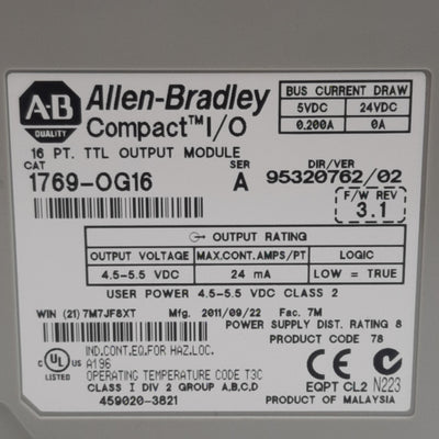 Used Allen Bradley 1769-OG16 Compact Output Module TTL, 16 Channel, 4.5-5.5VDC Out