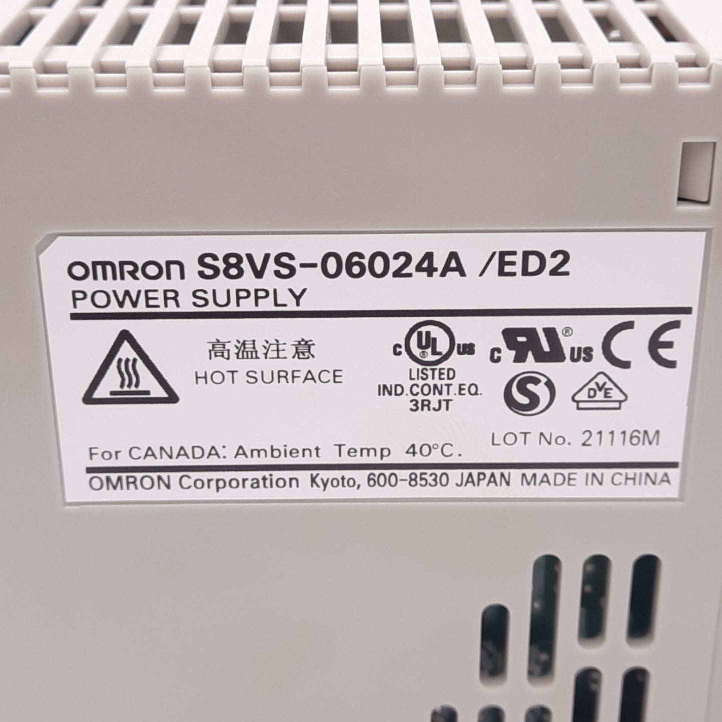 New – Open box Omron S8VS-06024A Power Supply, 100-240VAC 1.7A In, 24VDC 2.5A Out, 60W Max