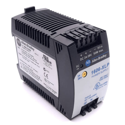 New – Open box Allen Bradley 1606-XLP50E Power Supply, 100-240VAC In, 24-28VDC Out, 50W Max