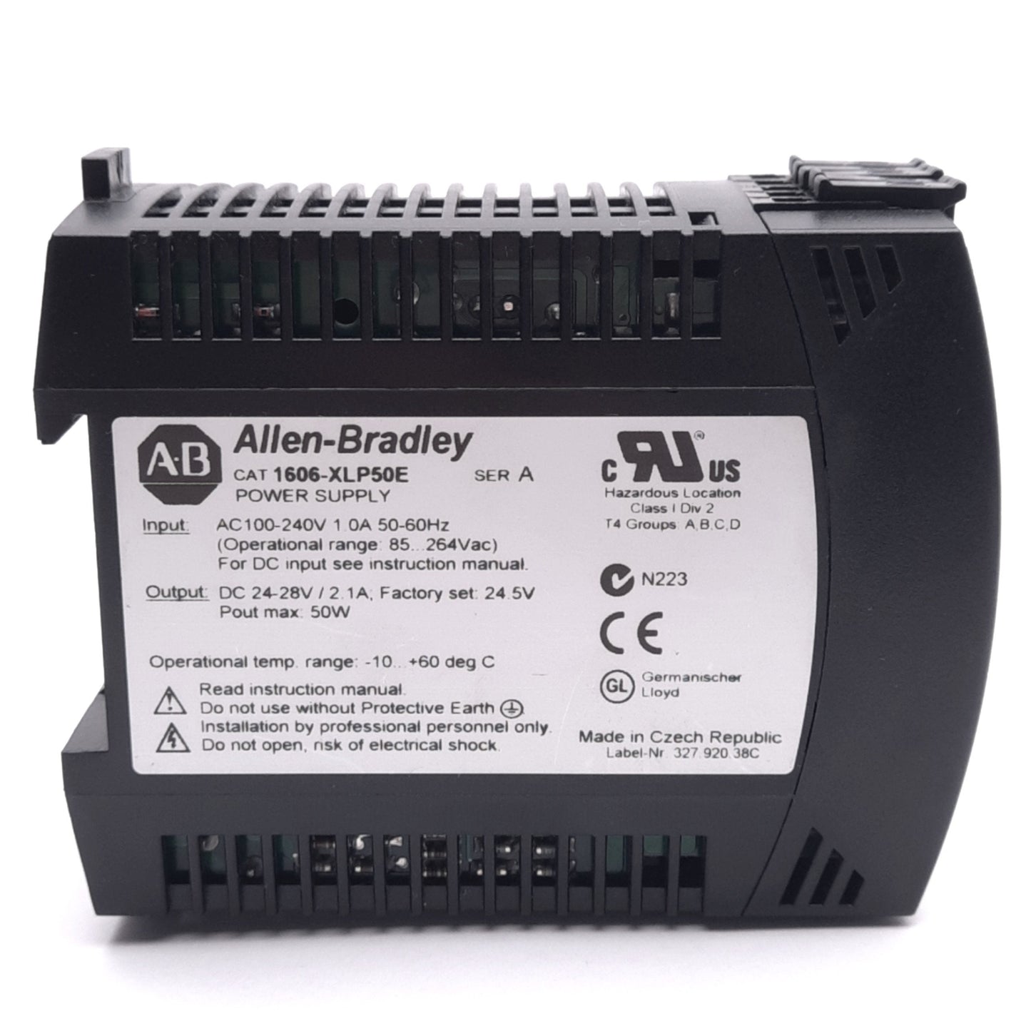 New – Open box Allen Bradley 1606-XLP50E Power Supply, 100-240VAC In, 24-28VDC Out, 50W Max