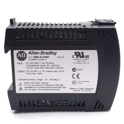 New – Open box Allen Bradley 1606-XLP50E Power Supply, 100-240VAC In, 24-28VDC Out, 50W Max
