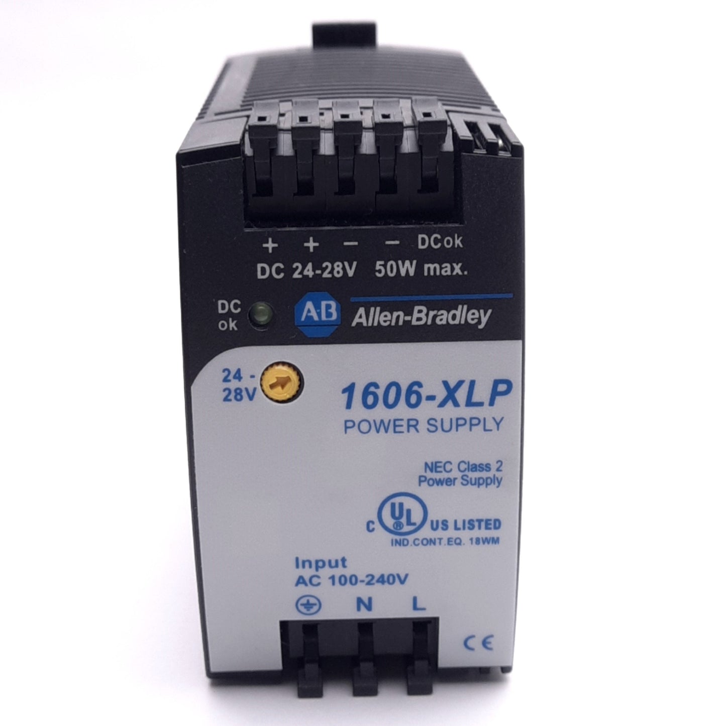 New – Open box Allen Bradley 1606-XLP50E Power Supply, 100-240VAC In, 24-28VDC Out, 50W Max