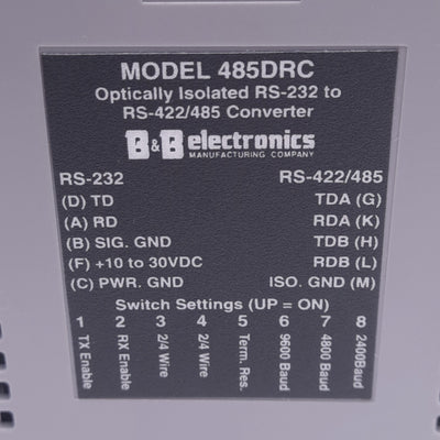 Used B&B Electronics 485DRC Optically Isolated Converter, RS-232 to RS-422/485, 24VDC