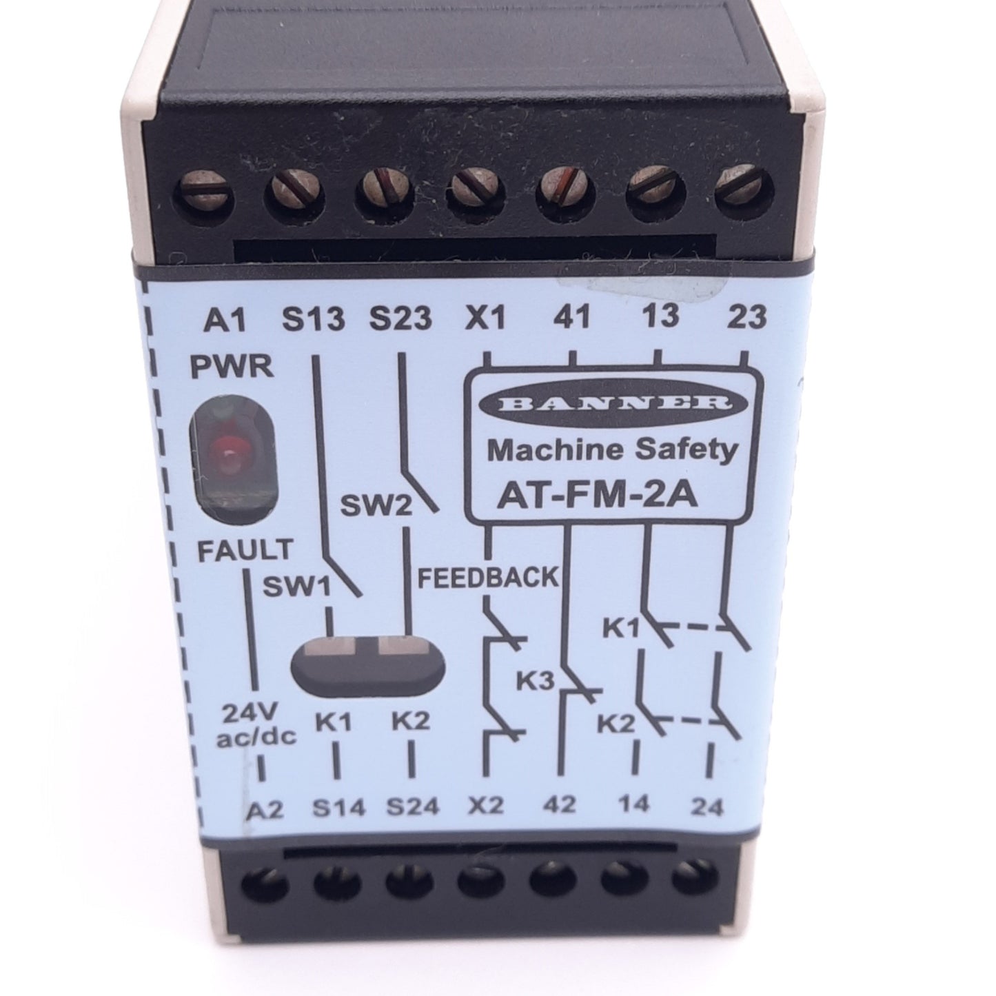 Used Banner AT-FM-2A DUO-TOUCH Two-Hand Control Safety Relay Module, 24VAC/DC, 250mA