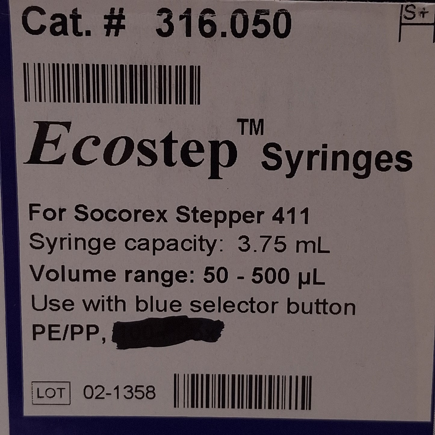 New – Open box Lot of 30 Socorex 316-050 Ecostep Syringe, Blue Selector, 3.75mL, 50-500µL
