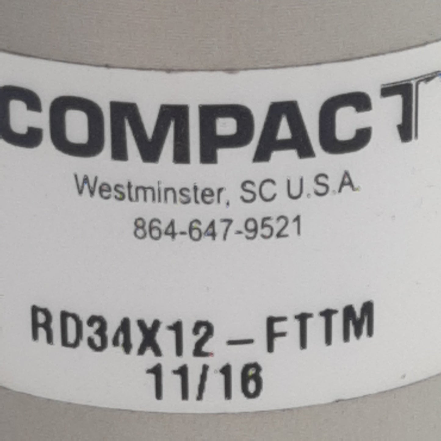Used Compact RD34X12-FTTM Pneumatic Cylinder, ø3/4in Bore, 1/2in Stroke, #10-32