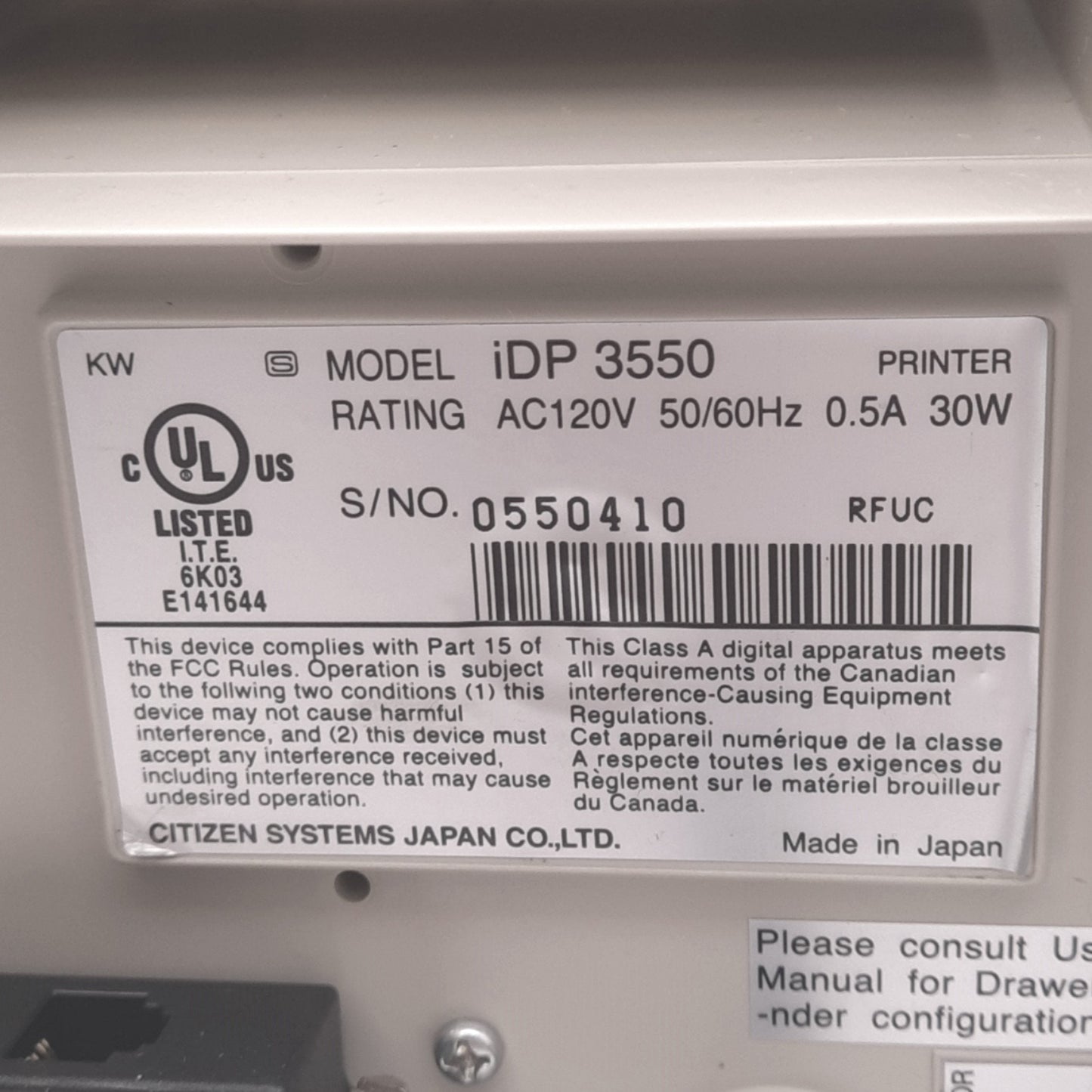 Used Citizen iDP-3550 Dot Impact POS Printer, 63.6mm Print, 9-Pin, 6KB Buffer, 120VAC