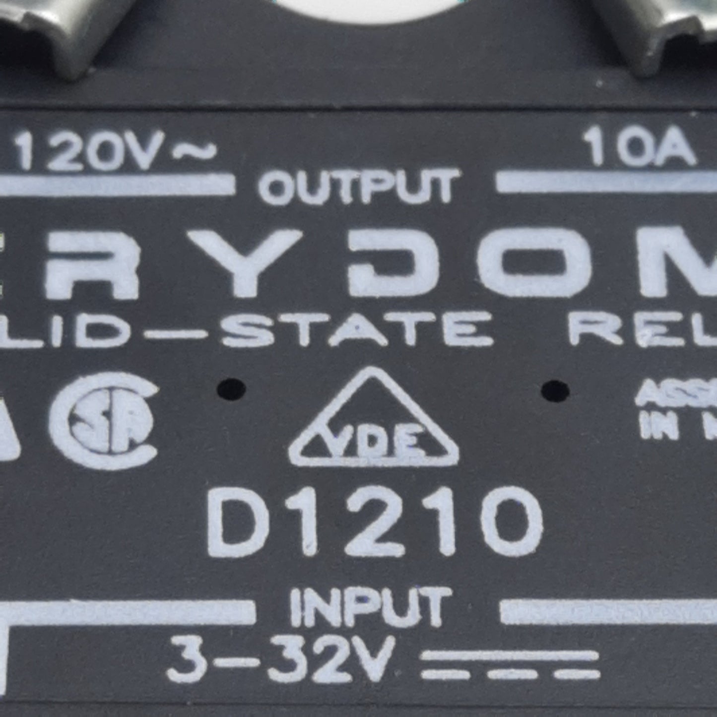Used Crydom D1210 Solid-State Relay, SPST-NO, 3-32VDC In, 10A 120VAC Out, Panel Mount