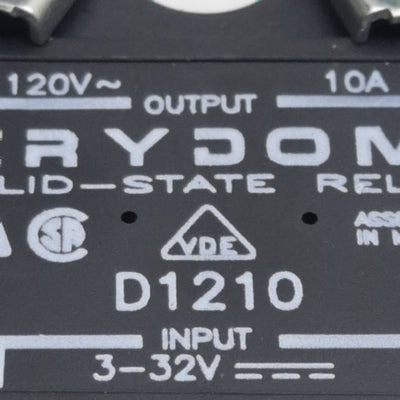 Used Crydom D1210 Solid-State Relay, SPST-NO, 3-32VDC In, 10A 120VAC Out, Panel Mount