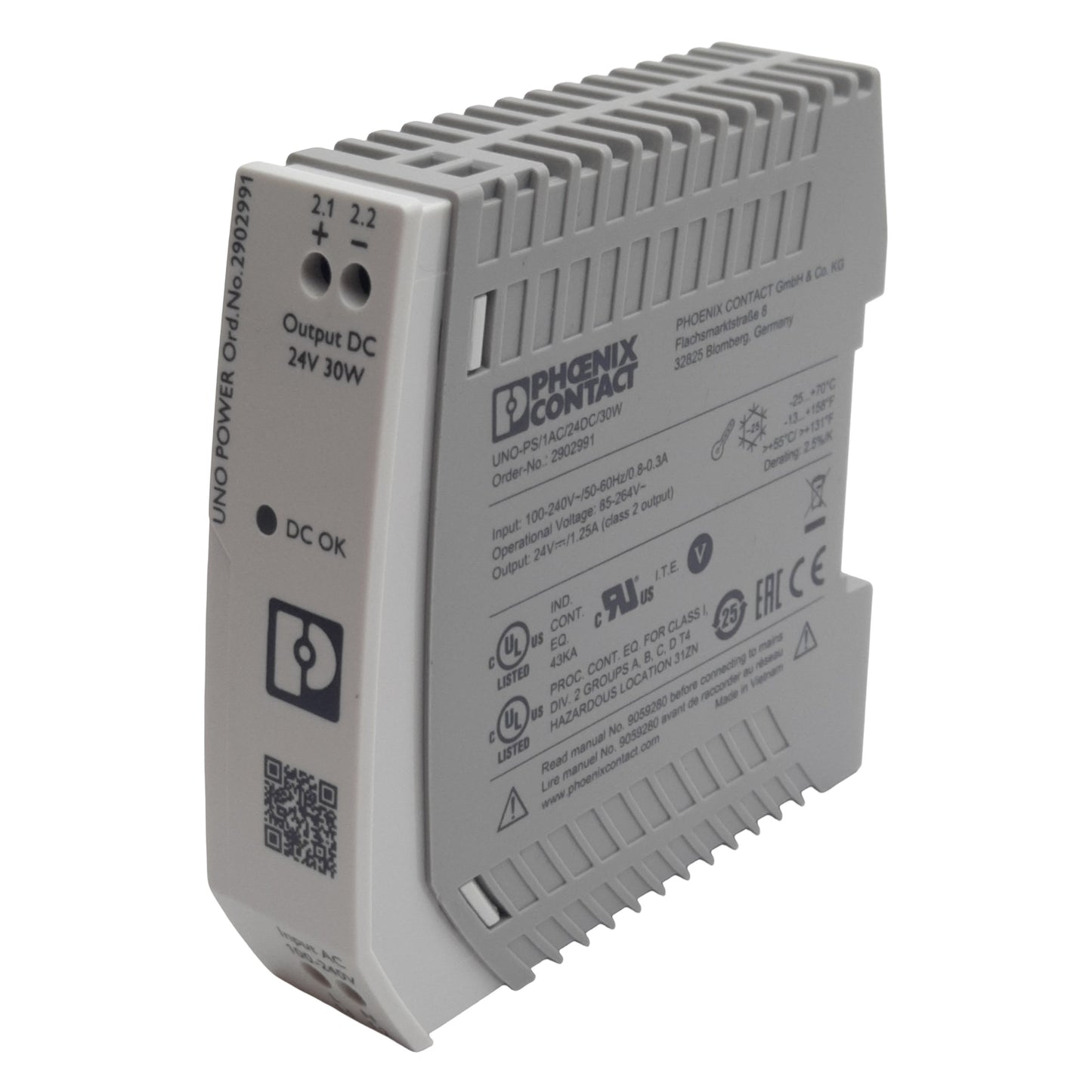Used Phoenix Contact 2902991 Power Supply, 100-240VAC In, 1.25A 24VDC Out, DIN Rail