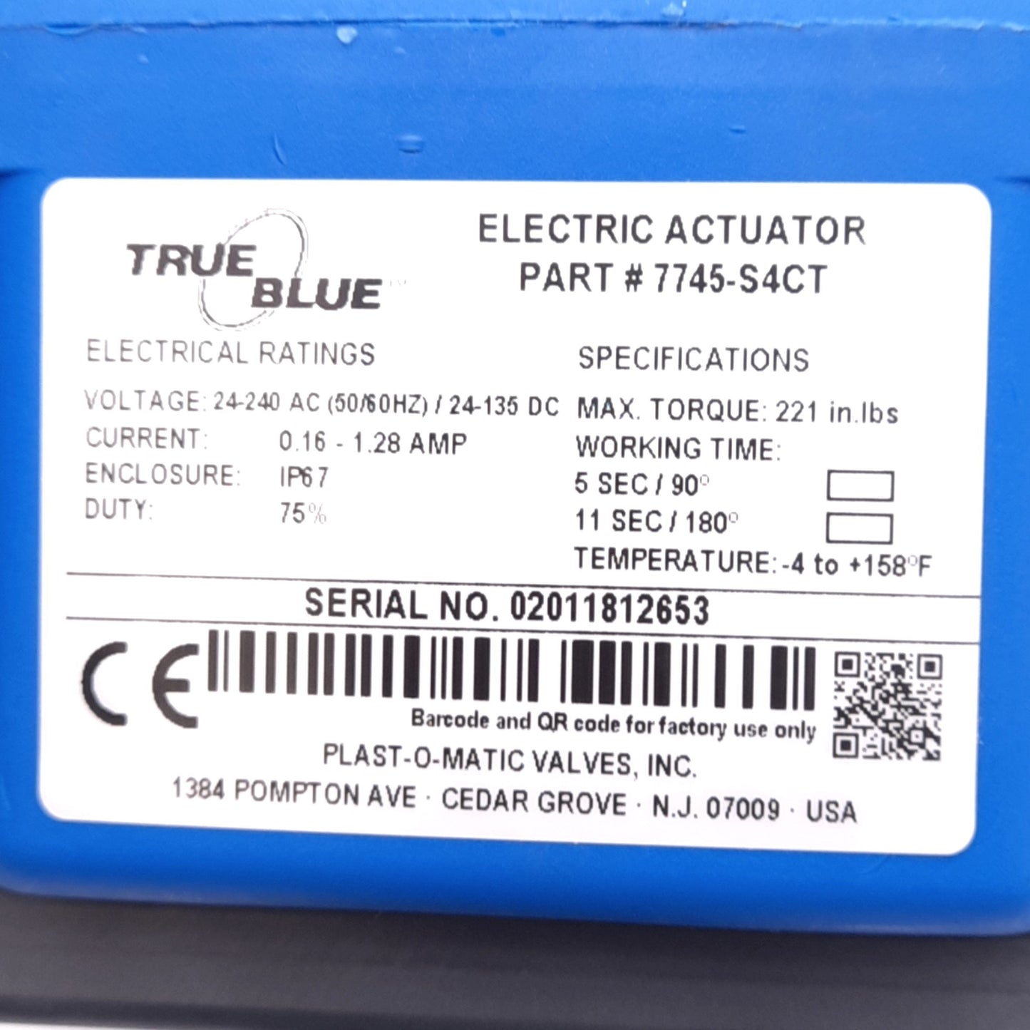 Used Plast-O-Matic Valves 7745-S4CT True Blue Electric Actuator, 24-240VAC/24-135VDC