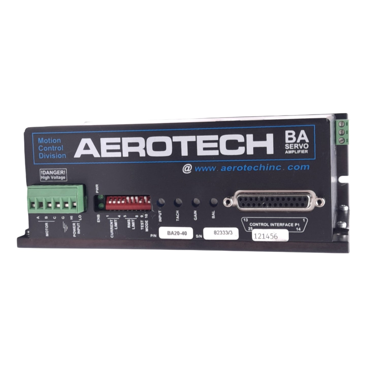 Used Aerotech BA20-40 Servo Amplifier, 28VAC In, 40VDC 3PH Bus, 1-Axis, 115/240VAC