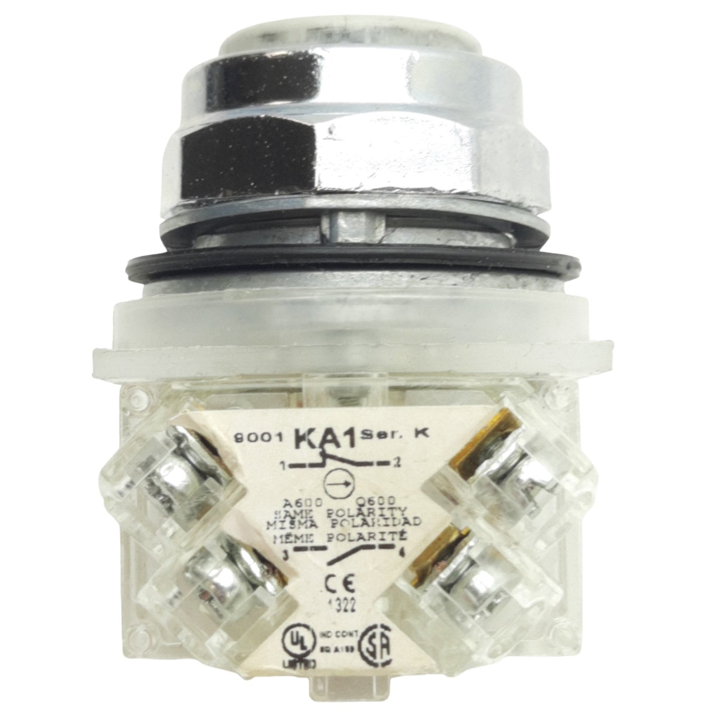 Used Schneider Electric 9001KR1YH13 Yellow Momentary Push Button ø30mm, 1NO+1NC, 600V