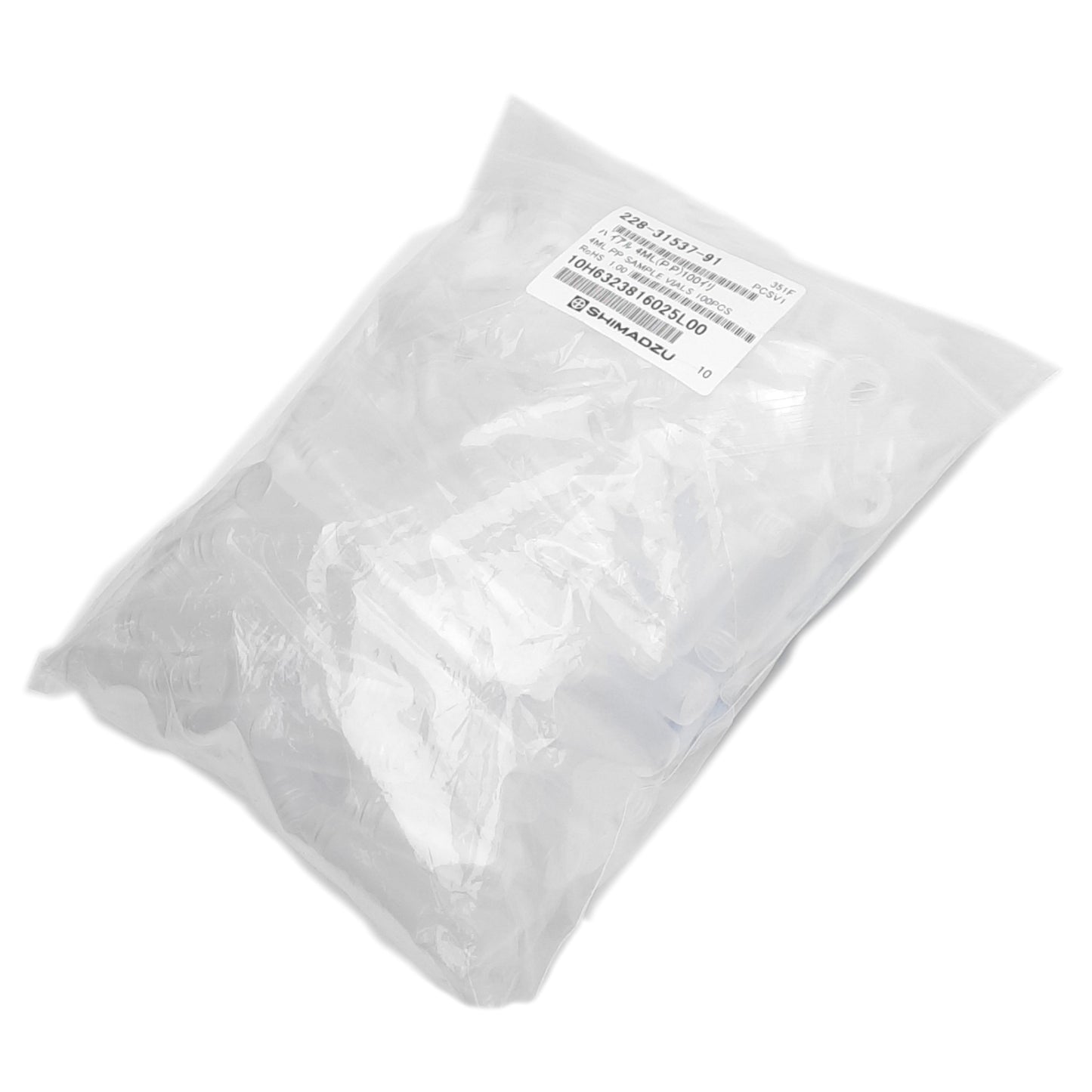 New Shimadzu 228-31537-91 Polypropylene Vial Kit, 100 Vials w/ Caps & Septa, 4mL