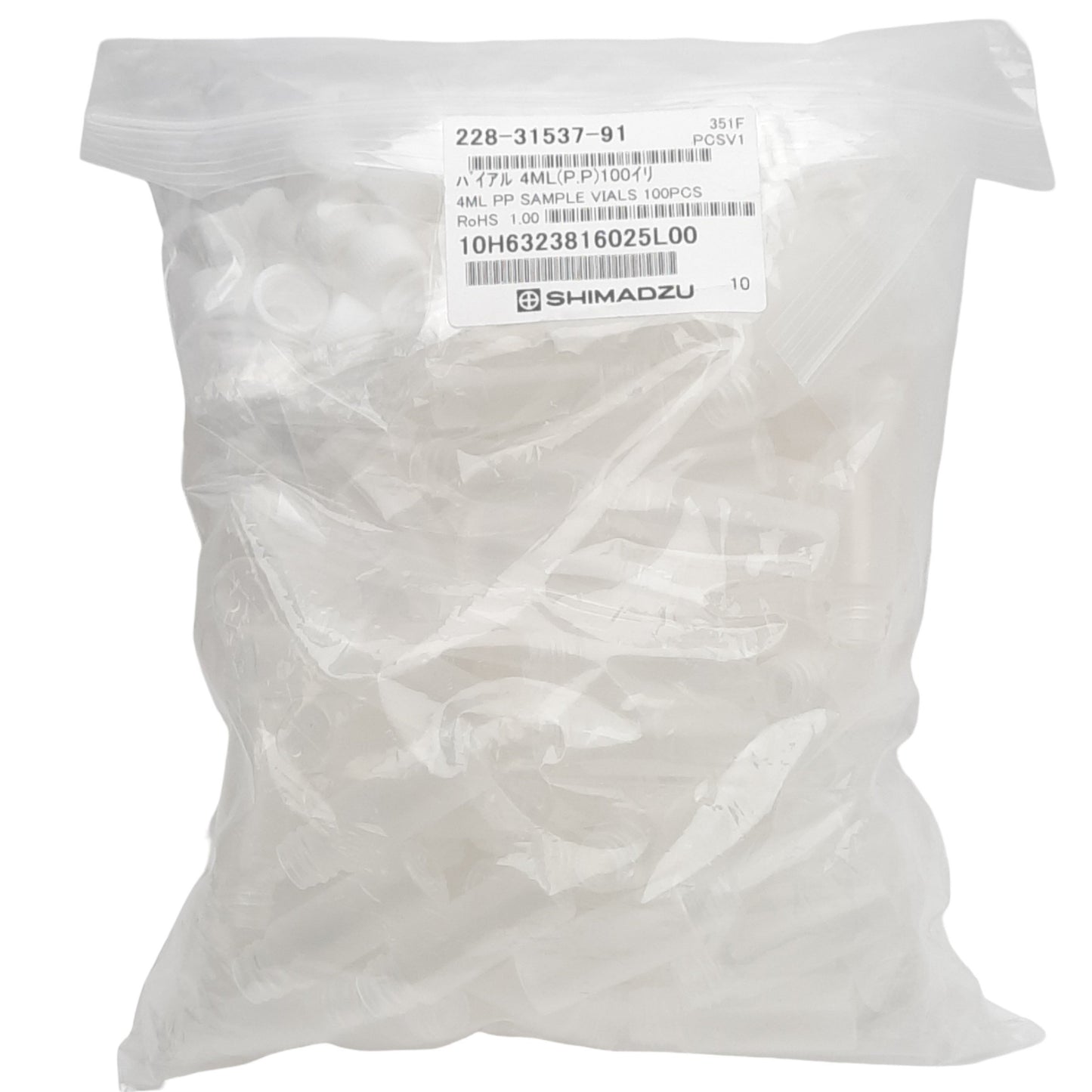 New Shimadzu 228-31537-91 Polypropylene Vial Kit, 100 Vials w/ Caps & Septa, 4mL