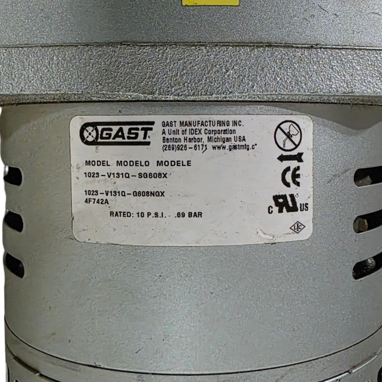 Used Gast 1023-V131Q-SG608X Rotary Vane Septic Air Pump 3/4HP, 10psi, 115/230VAC
