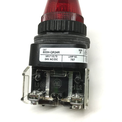 Used Allen Bradley 800H-QR24R Pilot Light Indicator, Red, 24VAC/DC Incandescent Lamp