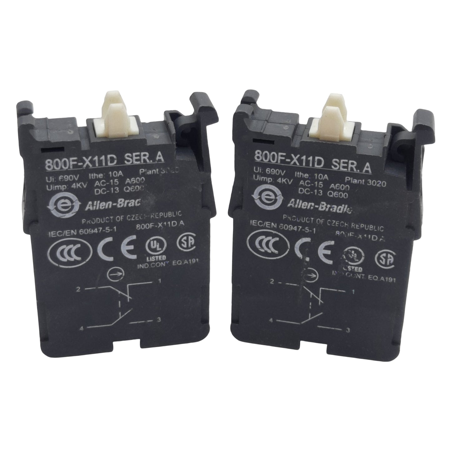 Used Lot of 2 Allen Bradley 800F-X11D Pushbutton Contact Block, 1NO-1NC, 10A 600VAC
