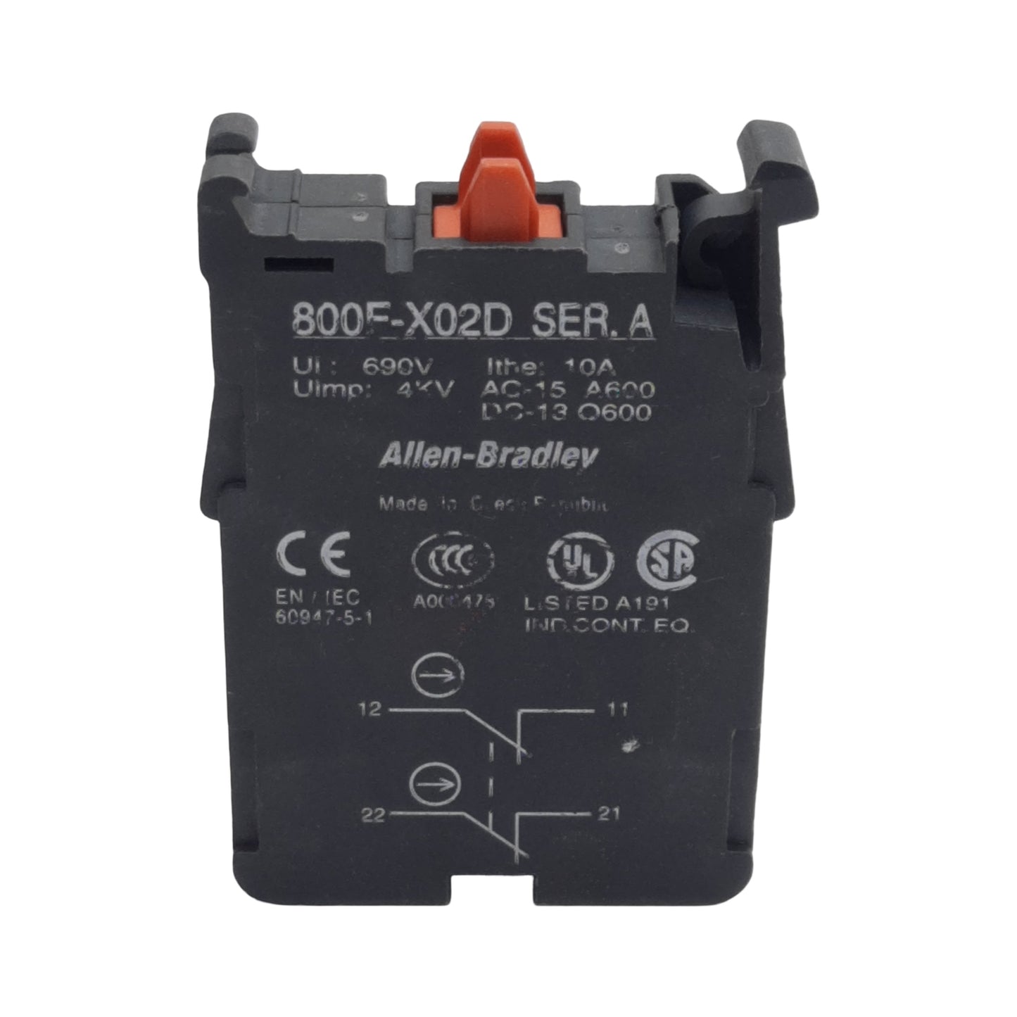 Used Allen Bradley 800F-X02D Pushbutton Contact Block, 2N.C., 10A 600VAC, 22mm