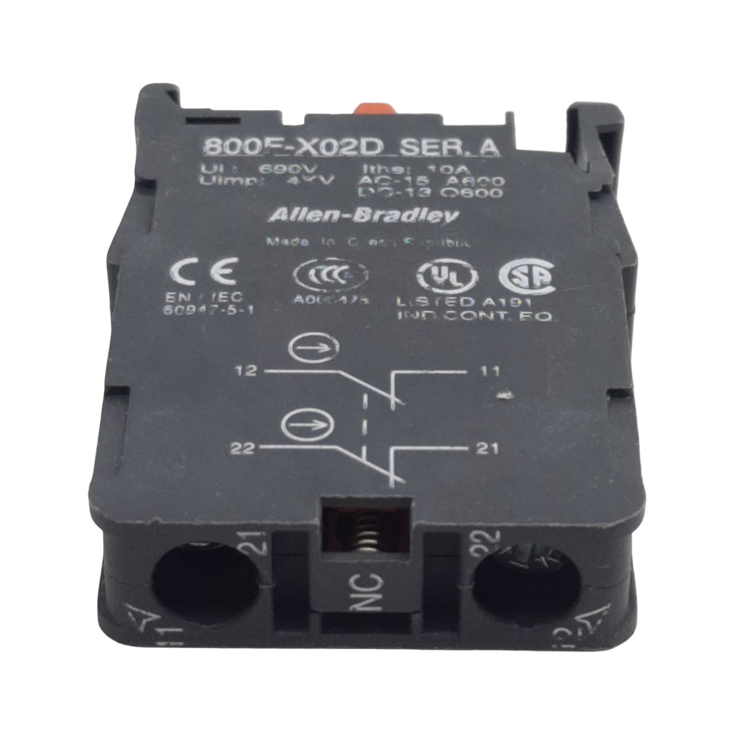 Used Allen Bradley 800F-X02D Pushbutton Contact Block, 2N.C., 10A 600VAC, 22mm