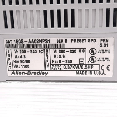 Used Allen Bradley 160S-AA02NPS1 Variable Frequency Drive, 200-240VAC, 1/2hp, 3-Phase
